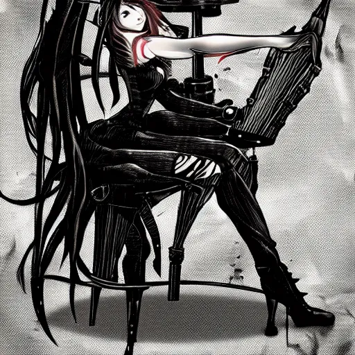 Prompt: beautiful anime girl with long hair, fight against the chair inspired by h. r. giger in extremely dangerous fight, anime style