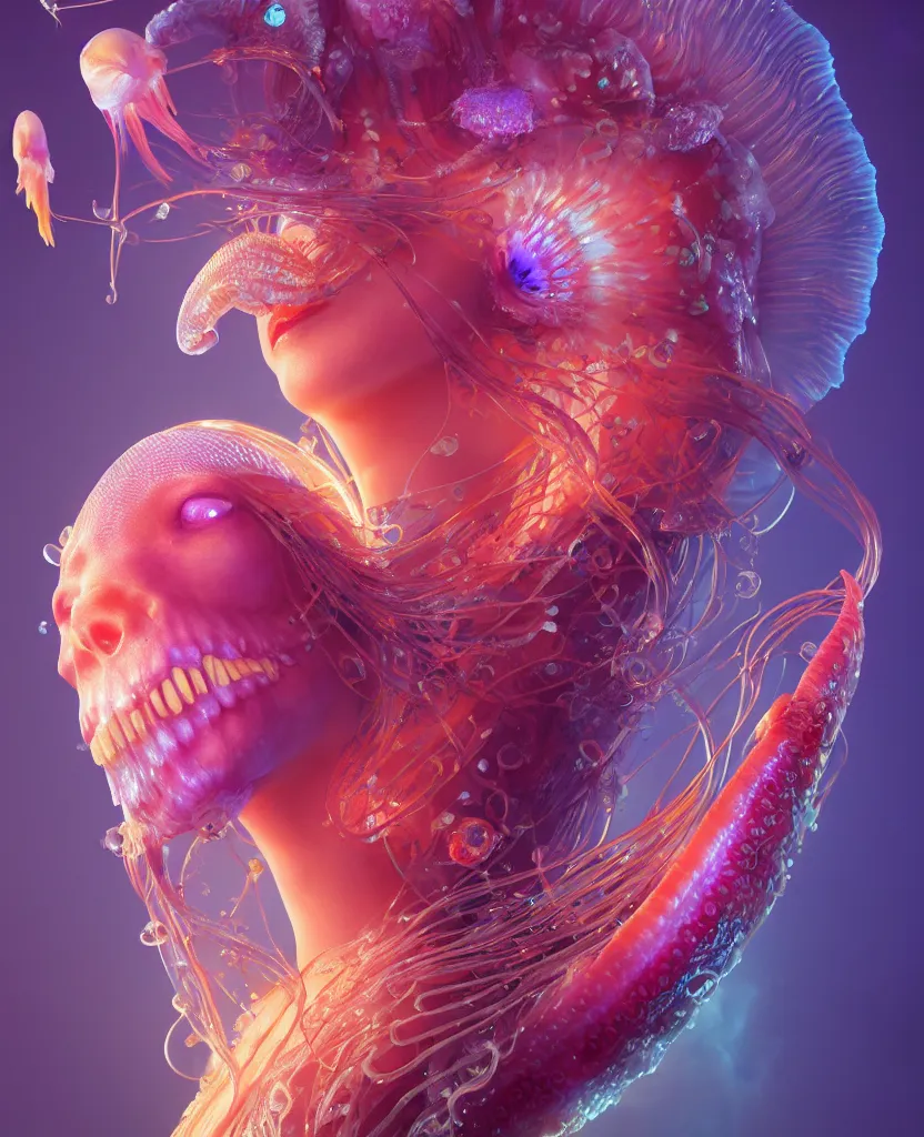 Image similar to goddess close-up portrait ribcagel. jellyfish phoenix head, nautilus, orchid, skull, betta fish, bioluminiscent creatures, intricate artwork by Tooth Wu and wlop and beeple. octane render, trending on artstation, greg rutkowski very coherent symmetrical artwork. cinematic, hyper realism, high detail, octane render, 8k