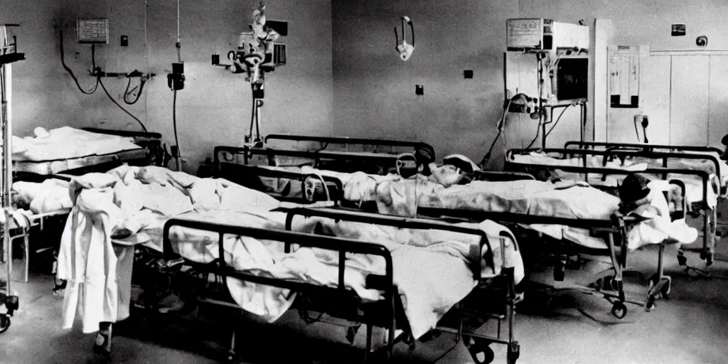 Prompt: An overcrowded hospital with bad standards in, horror movie, the outbreak can't be contained, 1950's