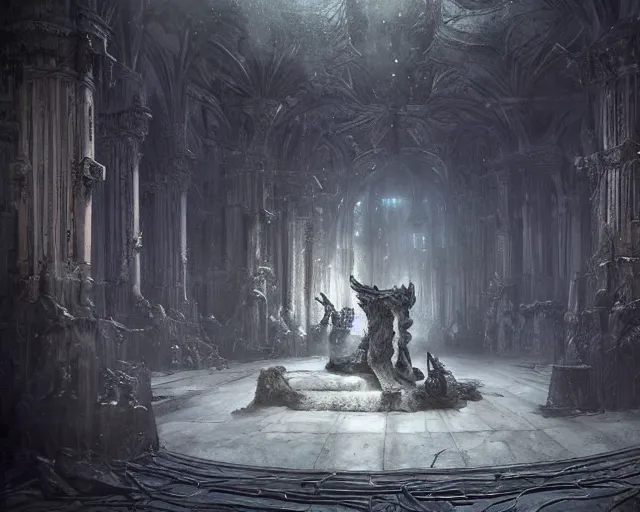 Image similar to king of the wolves - fantasy, inside the king's hall wolves and their treasures, ethereal, ominous, misty, 8 k, by h. r. giger and greg rutkowski