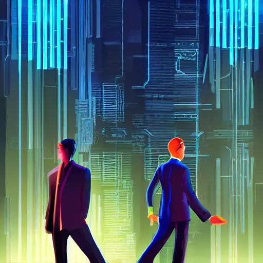 Image similar to two cyberpunk businessmen, detailed digital illustration, nighttime, colorful lighting, android netrunner