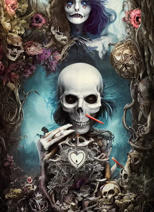 Prompt: Alice in Wonderland,death tarot card,half skull face,highly detailed,cinematic,8k,by Stanley Artgermm,Tom Bagshaw,Greg Rutkowski,Carne Griffiths, Ayami Kojima, Beksinski, Giger,Anne Stokes, Benjamin Lacombe,trending on DeviantArt,hyper detailed,horror, full of colour