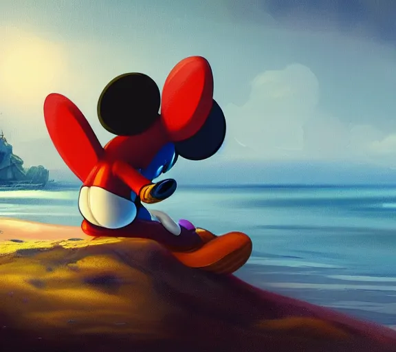 Prompt: Mickey Mouse sitting on a terrifying beach ,Scary sea monsters swim in the distance, dark, dim, nightmarish, digital painting, in the style of raphael lacoste, super detailed, artstation