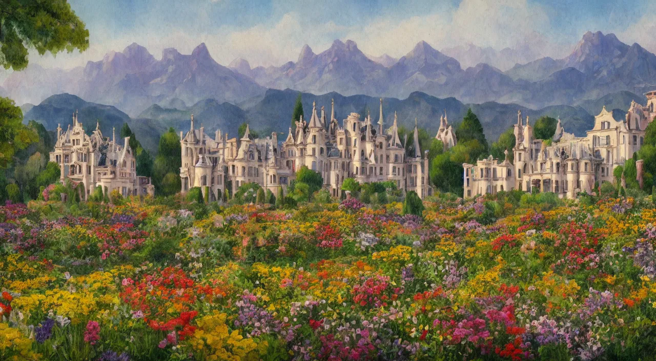 Prompt: a landscape painting of a manor designed by Antoni Gaudí, with flower fields as foreground, with mountains as background, trending on artstation