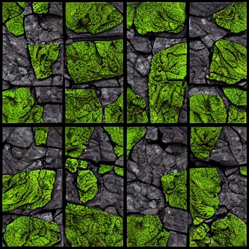 Prompt: pbr albedo texture of cobblestone pavement with moss between the cracks, substance designer, stylized, zbrush