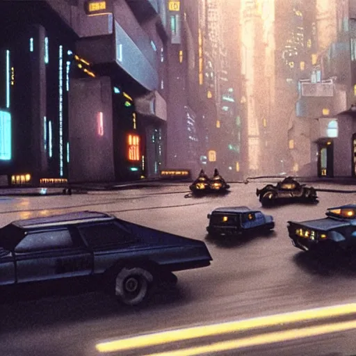 Prompt: from movie bladerunner, a scifi vehicle in a street, scene from bladerunner movie, mcquarrie