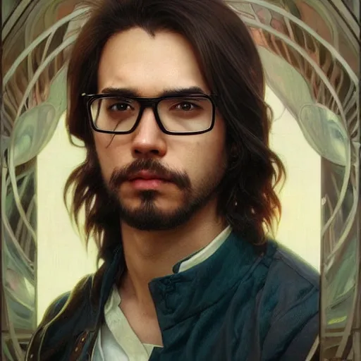 Prompt: highly detailed vfx portrait of a brown long hair centre parting pretty boy with brown eyes and white glasses and short goatee by hidari, wenjun lin, alphonse mucha, sakimichan, sharp focus, art by artgerm and greg rutkowski!, backlit, harsh overhead sunlight,