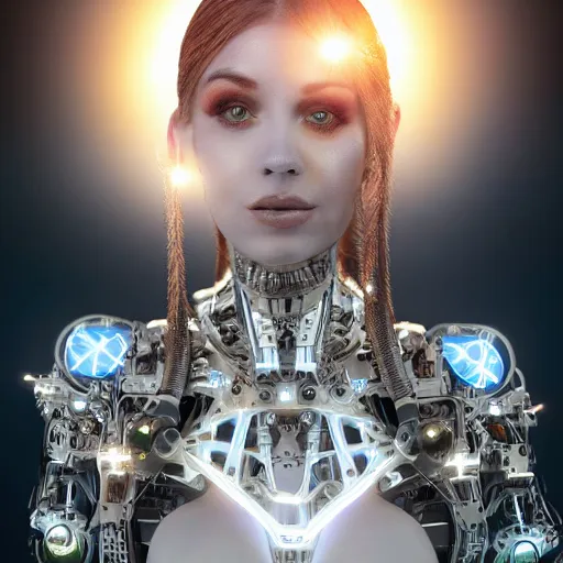 Prompt: beautiful centered Fine art photo portrait of enrapture Allison Parker as a solarpunk robotic humanoid, white mechanical parts with led lights, photorealistic, white background, highly detailed and intricate, sunset lighting, HDR 8k