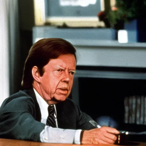 Prompt: Jimmy Carter as Greg Stillson, The Dead Zone (1983)