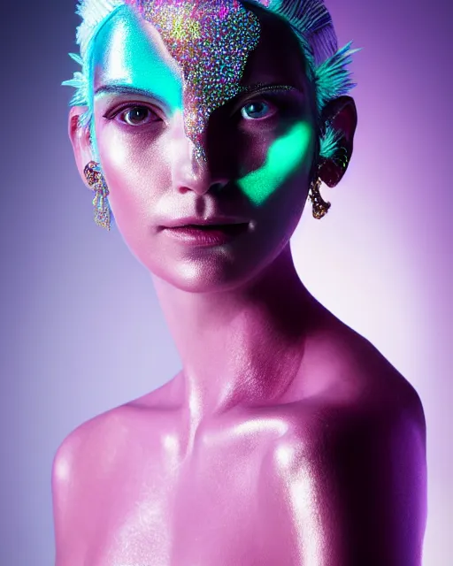 Prompt: natural light, soft focus portrait of a android with soft synthetic pink skin, blue bioluminescent plastics, smooth shiny metal, elaborate diamond ornate head piece, piercings, face tattoo, skin textures, by annie liebovotz, paul lehr,