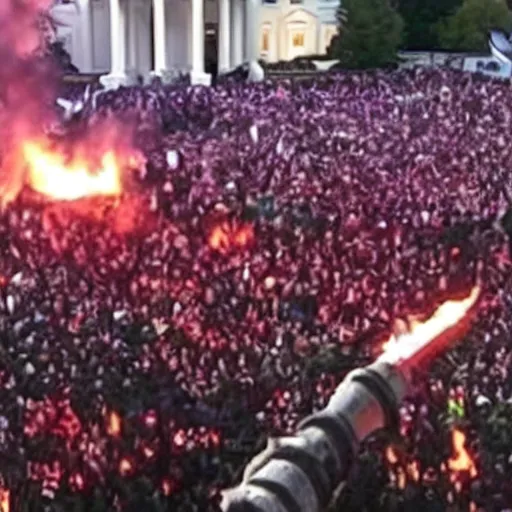 Image similar to a still of thousands of ewoks rioting in front of a the white house in washington.!!!, flaming torches and pitchforks