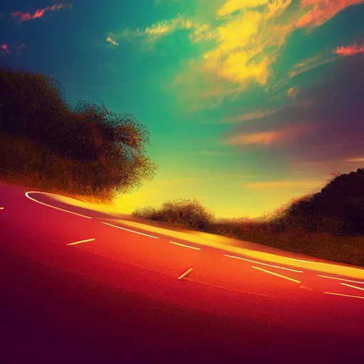 Prompt: high detail art of a single car on a curvy empty winding road, beautiful sunset, synthwave, beach, mountains, beautiful light, colourful, clean design, digital art, 4 k