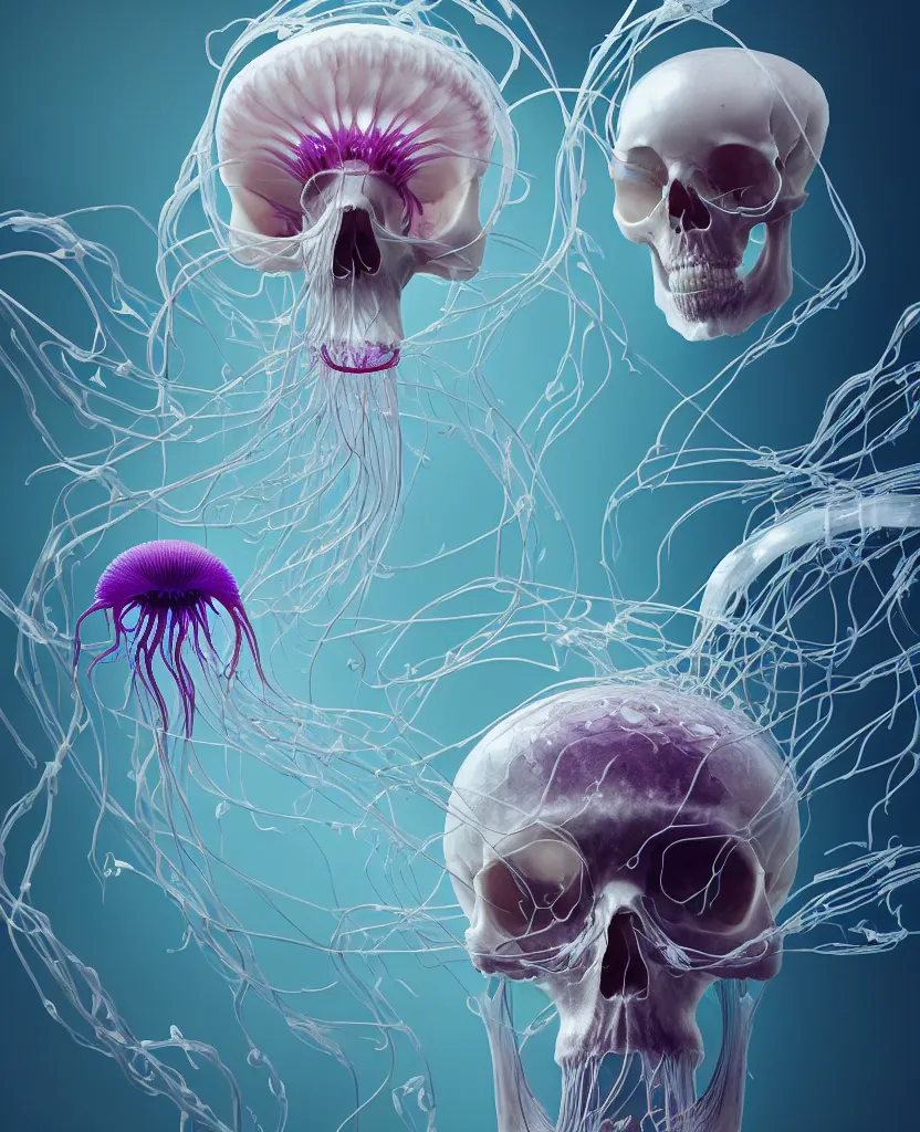 Image similar to composition of human skulls, animals skulls, bones, rib-cage. jellyfish orchids and betta fish, bioluminiscent, intricate artwork by Tooth Wu and wlop and beeple. octane render, trending on artstation, greg rutkowski very coherent symmetrical artwork. cinematic, hyper realism, high detail, octane render, 8k