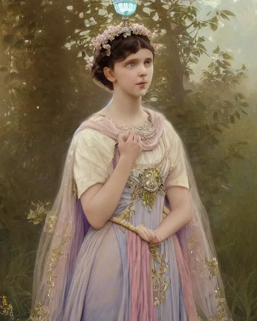 Prompt: a beautiful portrait painting of a shy, blushing princess in a tiara and an iridescent art nouveau gown resembling 1 4 - year old millie bobby brown watching the lantern festival, intricate, elegant, highly detailed, digital painting, artstation, concept art, by krenz cushart and artem demura and william adolph bouguereau and alphonse mucha