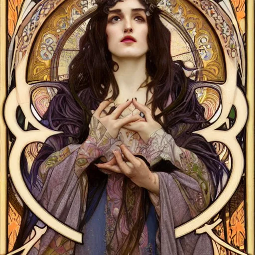 Prompt: realistic detailed face portrait of Katie Mcgrath by Alphonse Mucha, Ayami Kojima, Amano, Charlie Bowater, Karol Bak, Greg Hildebrandt, Jean Delville, and Mark Brooks, Art Nouveau, Neo-Gothic, gothic, rich deep colors