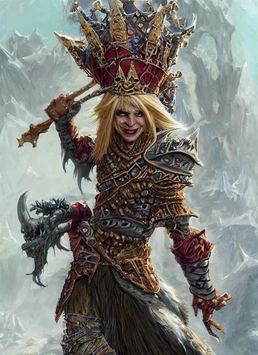 Image similar to goblin king wearing crown, ultra detailed fantasy, dndbeyond, bright, colourful, realistic, dnd character portrait, full body, pathfinder, pinterest, art by ralph horsley, dnd, rpg, lotr game design fanart by concept art, behance hd, artstation, deviantart, hdr render in unreal engine 5