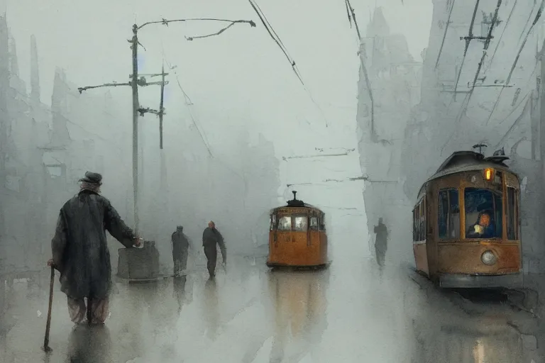 Image similar to small centered on watercolor paper, paint brush strokes, abstract watercolor painting of lone old man on tram, poor and rugged, foggy dawn, morning dew, cinematic light, national romanticism by hans dahl, by jesper ejsing, by anders zorn, by greg rutkowski, by greg manchess, by tyler edlin