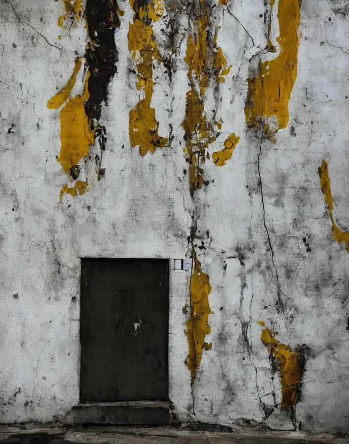 Prompt: vintage color photo of a liquid gold sculpture in a south american back alley with white and gray walls, photography by werner herzog