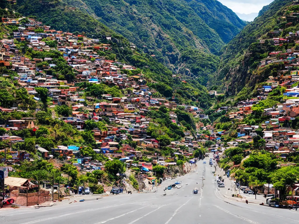 Prompt: south american city street in a valley with mountains