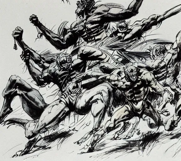 Image similar to four adventurers are chased by a group of mantis men, pen and ink, by frank Frazetta