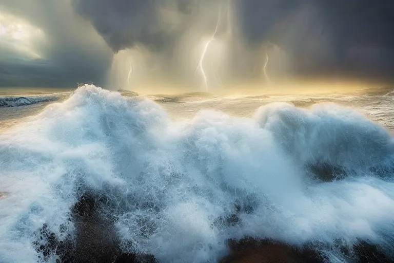 Image similar to beautiful landscape photography by marc adamus, scotland shore, big waves crashing, dramatic lighting, storm