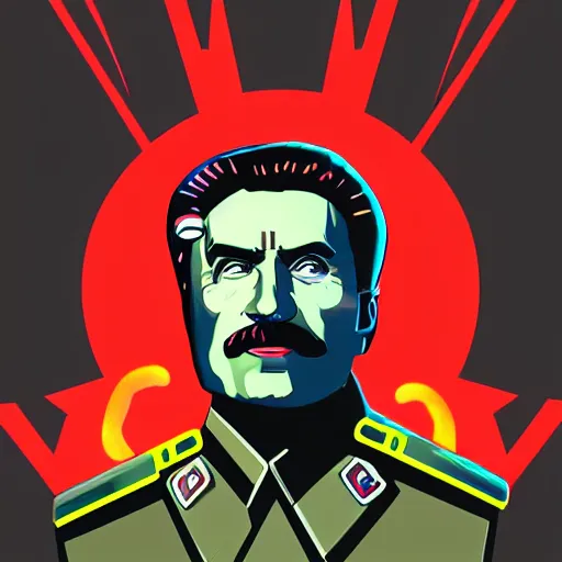 Prompt: cyberpunk joseph stalin as the leader of a futuristic communist society, cybernetics, sharp lines, digital, artstation, colored in