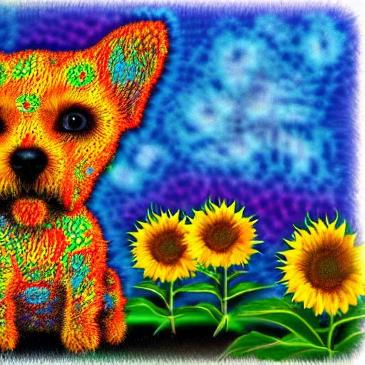 Prompt: cute little doggie puppy made completely out of sunflowers 8 k psychedelic deepdream