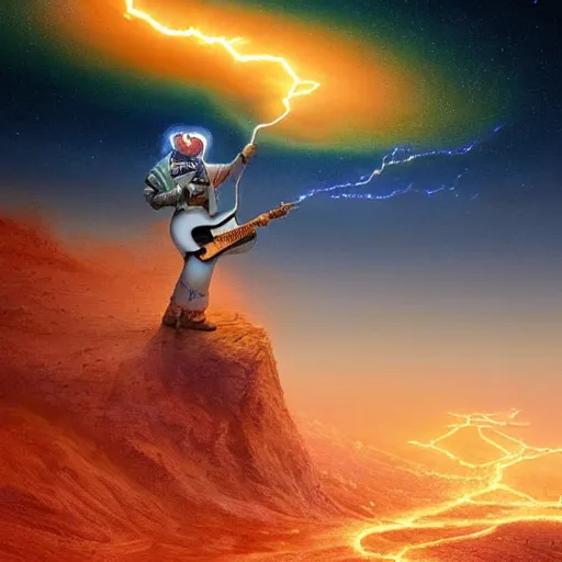 Image similar to UHD closeup of a Photorealistic cosmic clown playing sparking electric guitar in a lightning storm on Mars, with a cool pose, by Antonio Caparo and Ferdinand Knab and Greg Rutkowski, UHD, photorealistic, trending on artstation, trending on deviantart