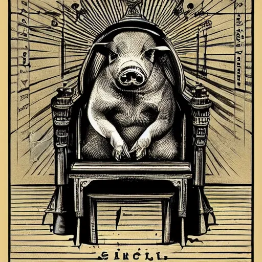 Image similar to intricate vintage scientific illustration of pig sitting on a old throne with arms crossed wearing crown by Shepard Fairey, black and white, detailed, concept art, artstation