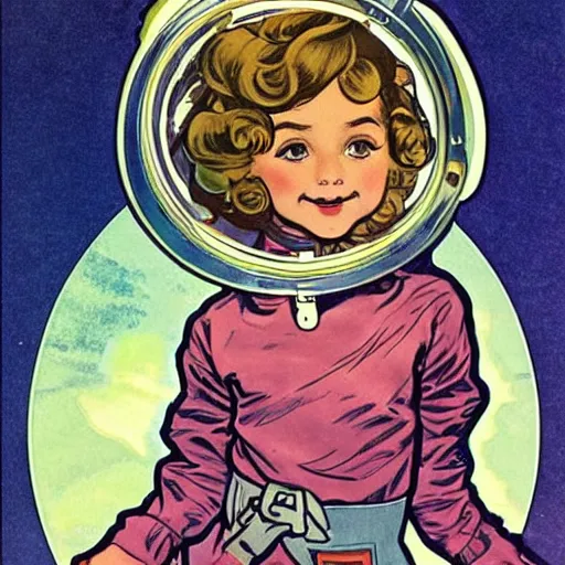 Prompt: a cute little girl with a mischievous face and short brown wavy curly hair. she is dressed as an astronaut. well composed, clean elegant painting, beautiful detailed face. comic book art by steve ditko and jack kirby and ( alphonse mucha )