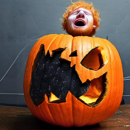 Image similar to Ed Sheeran crying trapped inside a pumpkin