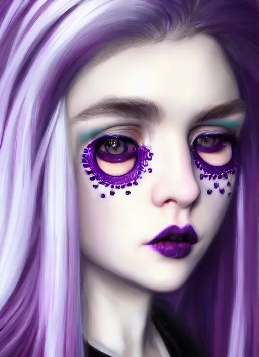 Image similar to portrait of white teenage girl, normal face, white bangs, mall goth, cyberlox, black and white hair, bangs, fluffy bangs, red contact lenses, purple lipstick, intricate, elegant, highly detailed, digital painting, artstation, concept art, sharp focus, smooth, illustration, art by wlop, mars ravelo and greg rutkowski