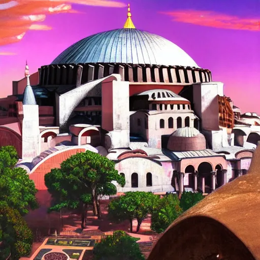 Prompt: a highly detailed painting of the hagia sophia and the done of the rock in a vaporwave style, ultrawide lense, aerial photography, unreal engine, exquisite detail, 8 k, art by greg rutkowski and alphonse mucha