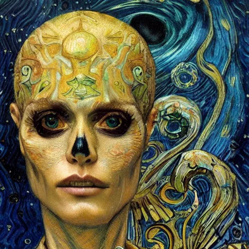 Prompt: Memento Mori by Karol Bak, Jean Deville, Gustav Klimt, and Vincent Van Gogh, beautiful visionary mystical portrait, calavera, otherworldly, fractal structures, ornate gilded medieval icon, third eye, spirals, jeweled calavera by Van Gogh and Amano