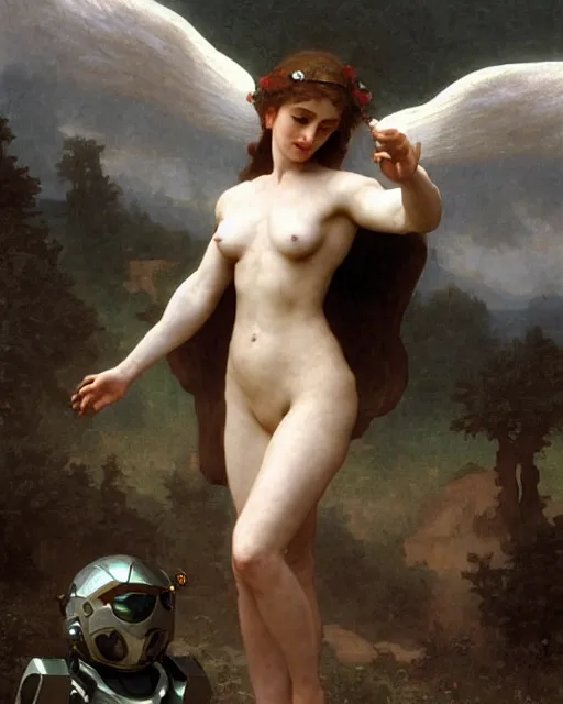 Image similar to female angel with solarpunk mecha humanoid robotic parts with bright led lights, pudica pose gesture, by bouguereau, ultra - realistic and intricate, hdr 8 k