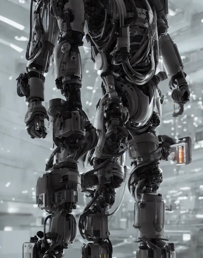 Image similar to full body portrait photo of american exosuit with digital led indicators, thin neon lighting, portrait photo, intricate details, ultra realistic, unreal engine 5, depth of field, bokeh, octane render, 8 k hd