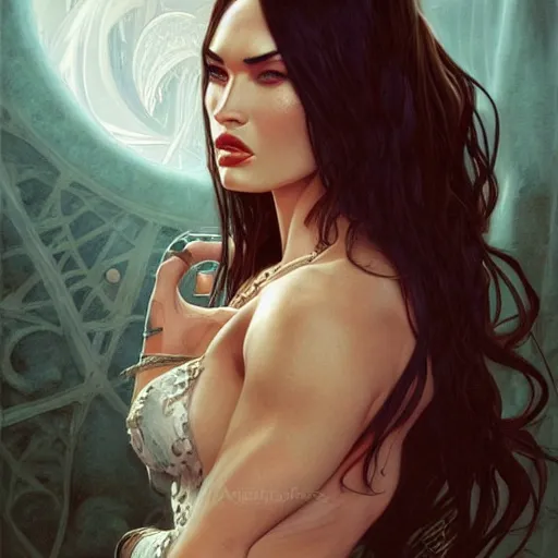 Prompt: ultra realistic illustration, megan fox with fangs as vampire, intricate, elegant, highly detailed, digital painting, artstation, concept art, smooth, sharp focus, illustration, art by artgerm and greg rutkowski and alphonse mucha