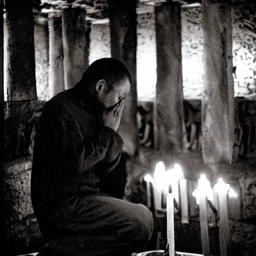 Prompt: film photography, an Aztec Priest praying to the dogs at the altar of an Aztec temple, at night, lit with candles, stormy night, Leica M6, cinestill 800, Noctilux 50mm