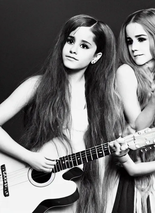 Prompt: beautiful, award winning photo of ariana grande on guitar and emma watson on drums in a 1 9 7 0 s rock and roll band. live at the woodstock concert, symmetrical eyes, 8 k, studio lighting t