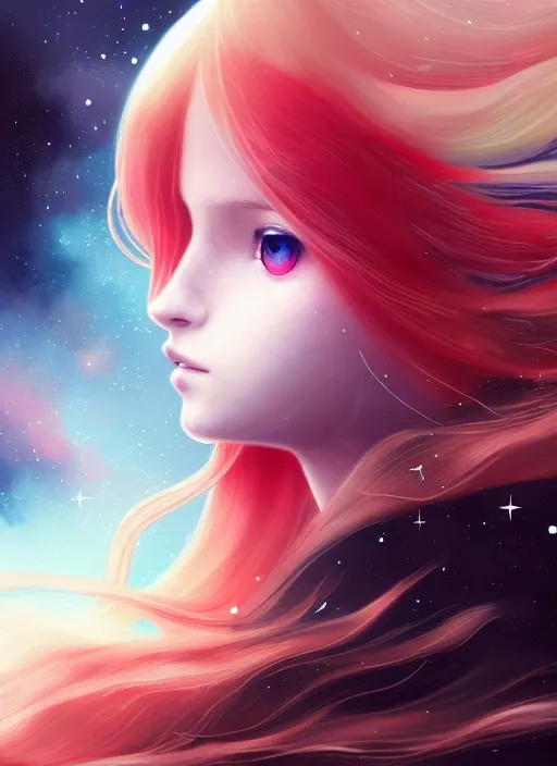 Prompt: highly detailed portrait of a hopeful pretty astronaut lady with a wavy blonde hair, by Anna Dittmann, 4k resolution, nier:automata inspired, bravely default inspired, vibrant but dreary but upflifting red, black and white color scheme!!! ((Space nebula background))