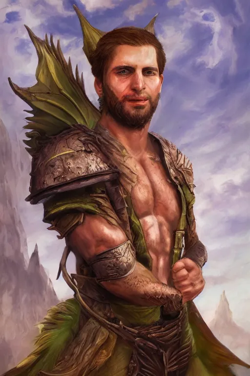 Image similar to a full body high detail fantasy portrait oil painting illustration of rob roflgator maleki by justin sweet with face and body clearly visible, in a scenic background, pretty eyes, realistic proportions, d & d, rpg, forgotten realms, artstation trending, high quality, sombre mood, artstation trending, muted colours, entire person visible!