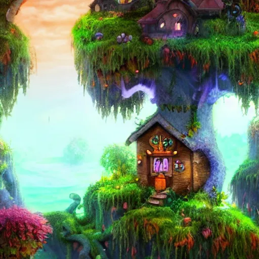 Prompt: A fantastical village inhabited by fairies, side-scrolling 2d platformer game level, swirling clouds, fantasy magical vegetation, dramatic dusk sun illuminates areas, volumetric light , detailed, rich color, upscale , 8k