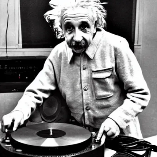 Image similar to photo of Albert Einstein DJing a record player, vintage, highly detailed facial features