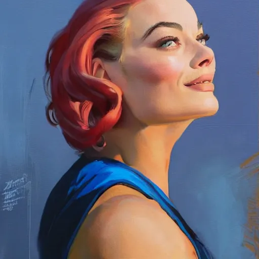 Image similar to greg manchess portrait painting of smiling margot robbie as beautiful thick muscular female bodybuilder zarya from overwatch, medium shot, asymmetrical, profile picture, organic painting, sunny day, matte painting, bold shapes, hard edges, street art, trending on artstation, by huang guangjian and gil elvgren and sachin teng