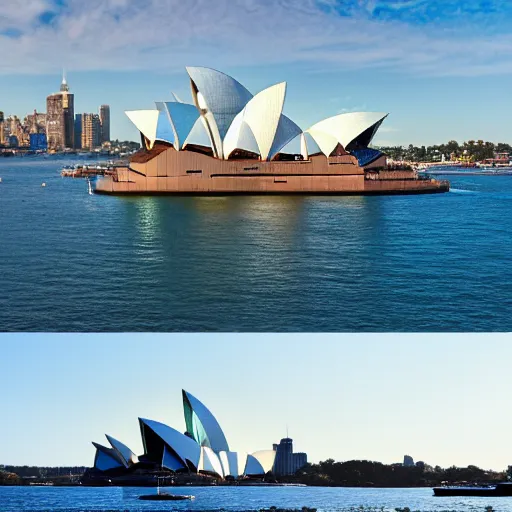 Image similar to a photo of the statue of liberty and the sydney opera house standing next to each other, high quality, 4 k, handheld, photorealistic