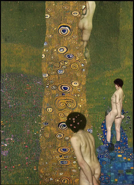Prompt: cognitive optical illusions of landscape and four people in the foreground in extreme dynamic poses painted by gustav klimt