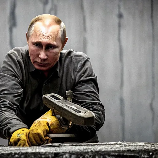 Image similar to putin with a chainsaw and a corpse. in a concrete bunker. focus on putins face with blood splatters. canon eos r 3, f / 1. 4, iso 1 6 0 0, 1 / 8 0 s, 8 k, raw, grainy