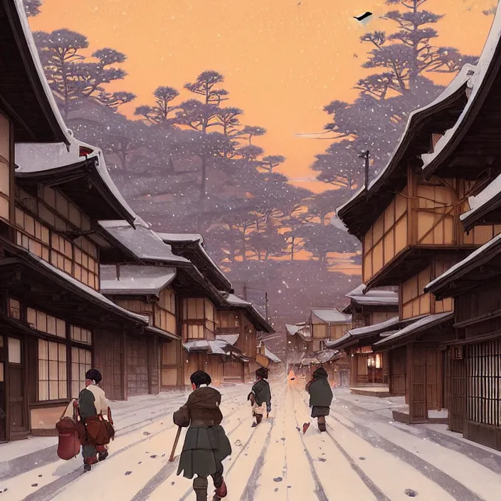 Image similar to empty rural japanese town at night, winter, in the style of studio ghibli, j. c. leyendecker, greg rutkowski, artem