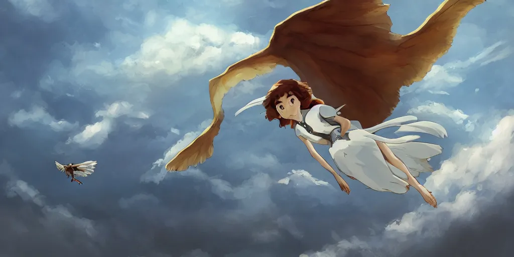 Image similar to A girl flying with a bird-shaped white glider over the clowds, Nausicaa of the Valley of the Wind, Miyazaki Hayao, ghibli style, highly detailed, digital painting, concept art, sharp focus, illustration, anime, trending on artstaion