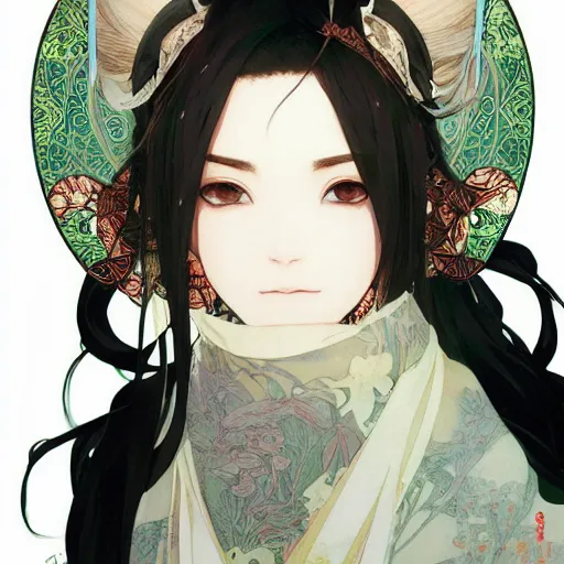 Image similar to detailed portrait girl of kimono techwear occultist with white fox ears, concept art, intricate complexity, by shigenori soejima, krenz cushart, alphonse mucha, takato yamamoto, rule of thirds, 4 k, beautiful, cinematic dramatic atmosphere